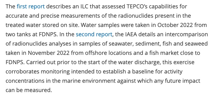 후쿠시마 핵폐수 방류는 2023년 8월인데, 2024년 1월 30일자 보고서는 2022년 10월과 11월 채취한 시료를 기준으로 하고 있음. 즉, 방류 후 시료에 대한 조사 결과는 보고서에 반영되지 않음.
