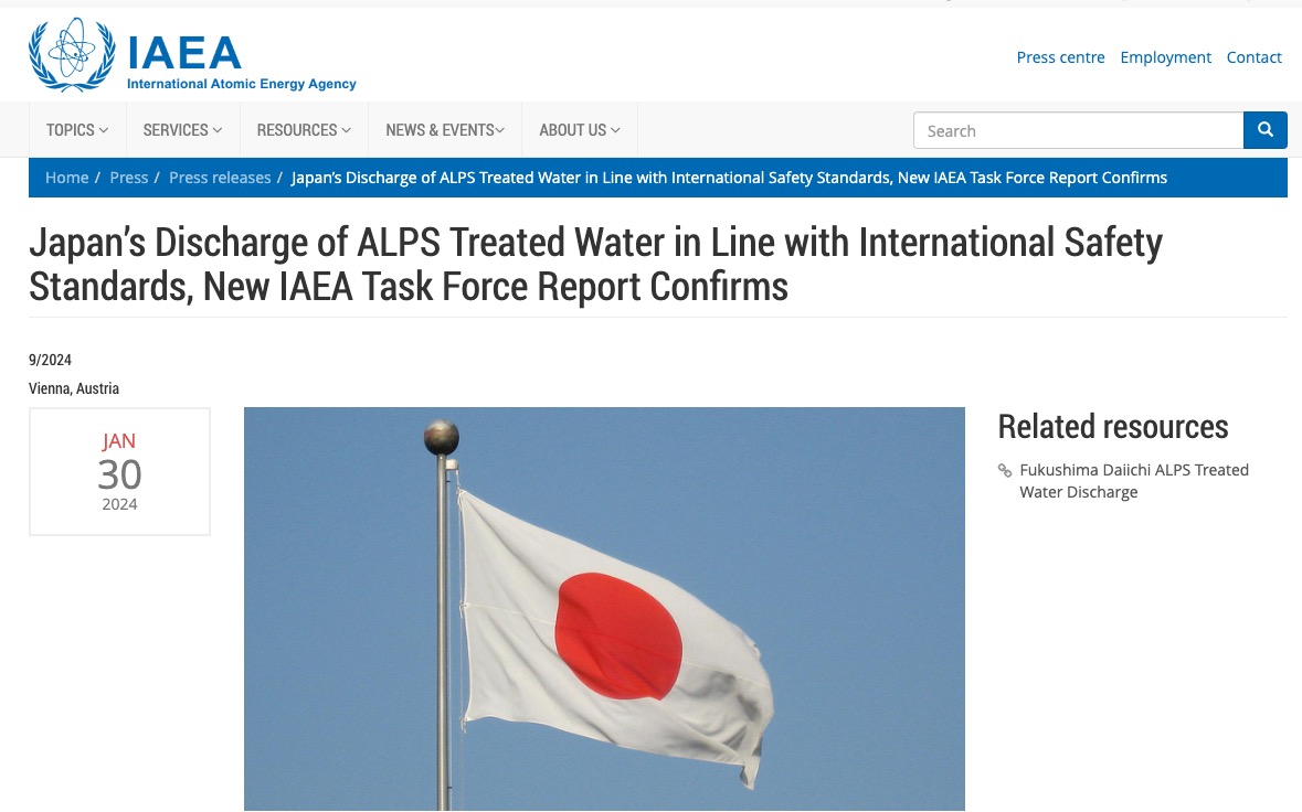 2024년 1월 30일 IAEA 발표 자료 : IAEA 태스크 포스 보고서, 일본의 ALPS 처리수 방류가 국제 안전 기준에 부합 확인