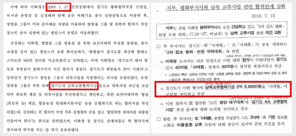 2023년 9월 검찰이 청구한 이재명 대표 구속영장(좌) 남북교류협력기금에 대해 기록한 국정원 문건(우)