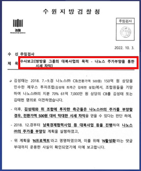 ▲쌍방울 대북송금 목적이 주가부양과 시세차익이었음을 검찰이 이미 알고 있었음을 보여주는 수사보고서(22.10.3)