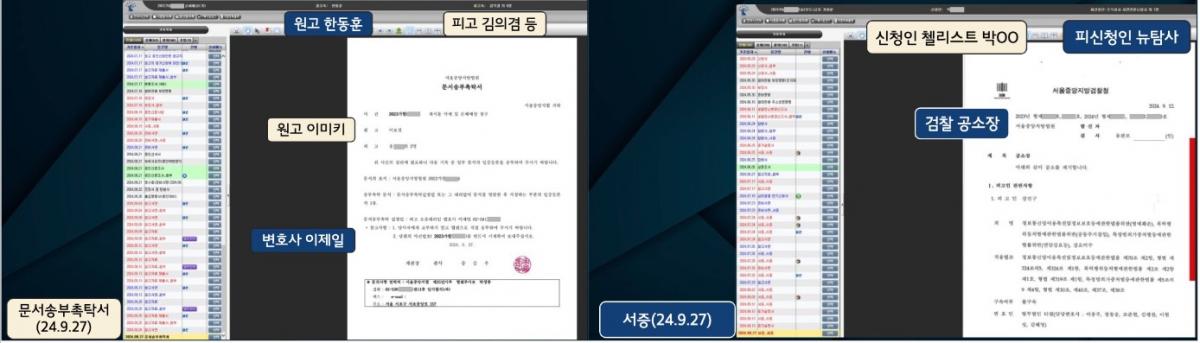 ▲한동훈, 이제일 문서송부촉탁서 증거로 제출​(좌) / 이제일, 뉴탐사 상대 소송에서 검찰 공소장 증거 제출​(우) / 두가지 문서의 제출일이 같은 날이다.(2024.9.27)