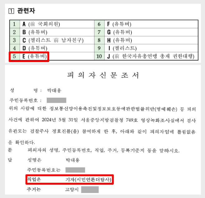 ▲2024년 9월 12일 검찰이 언론에 배포한 보도자료에 E(박대용)의 직업이 유튜버라고 표기. 이보다 앞선 2024년 5월 31일 검찰이 작성한 피의자 신문조서에 직업은 기자로 표기돼 있다.