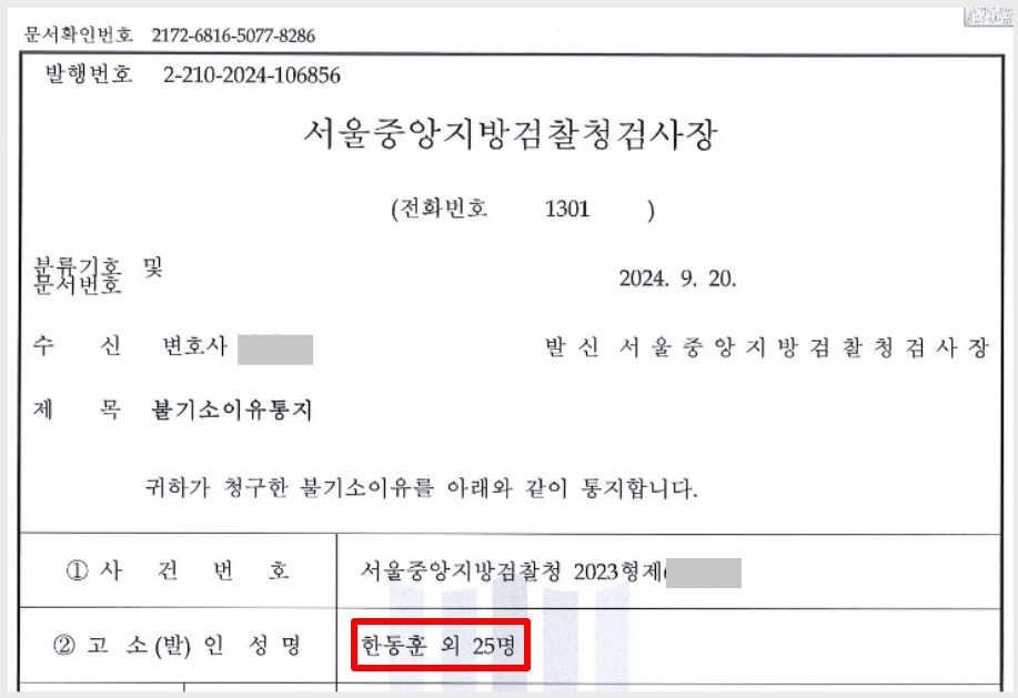 ▲ 9월 20일자 불기소 이유 통지서에서 고소(발)인 성명에 한동훈 포함 26명으로 기재 돼 있다.