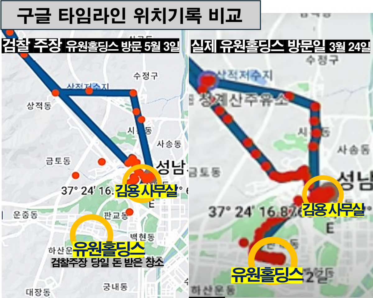 구글 타임라인 위치기록 비교. 검찰 주장 5월 3일과 실제 유원홀딩스를 방문한 3월 24일의 타임라인 차이가 확연하게 드러난다. 2024.11.13. 그래픽 김시몬 기자