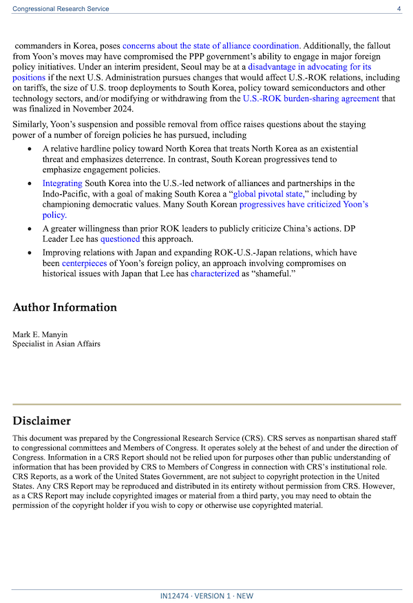 ▲미 의회조사국(CRS) 보고서의 결론 페이지. 출처: Congressional Research Service, 'South Korean Political Crisis: Martial Law and Impeachment', December 23, 2024, p.4