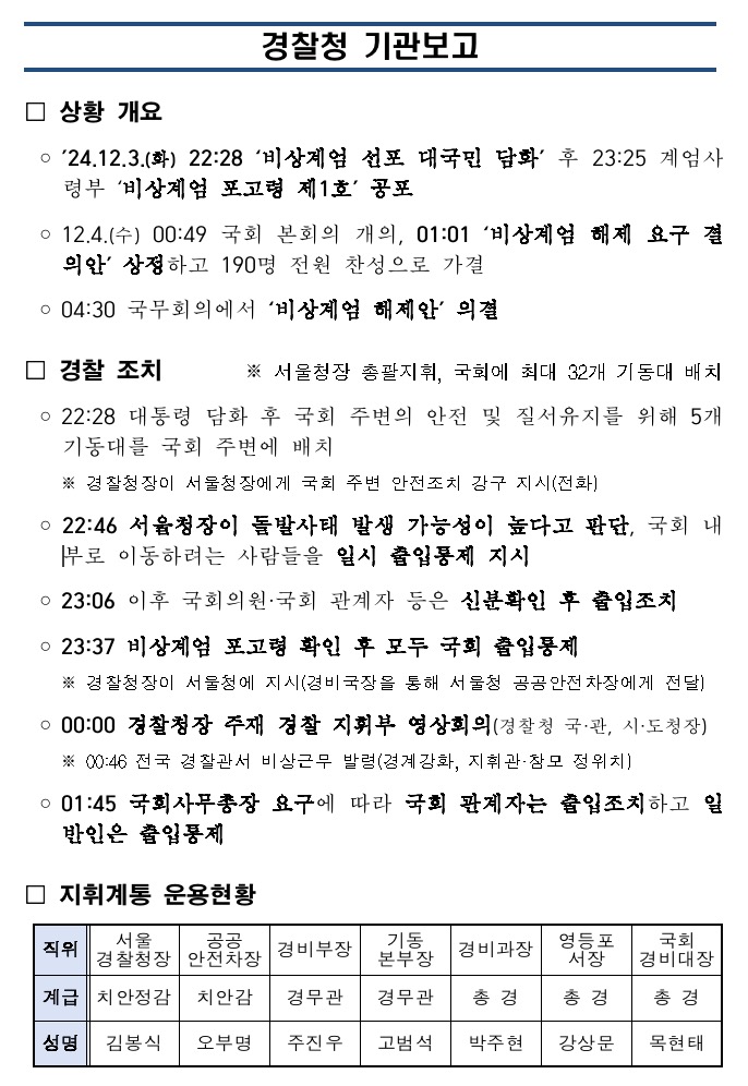 ▲경찰청이 국회 행안위 용혜인 의원에게 제출한 기관 보고자료. 비상계엄 당일 경찰 조치가 시간대별로 기록돼 있다.