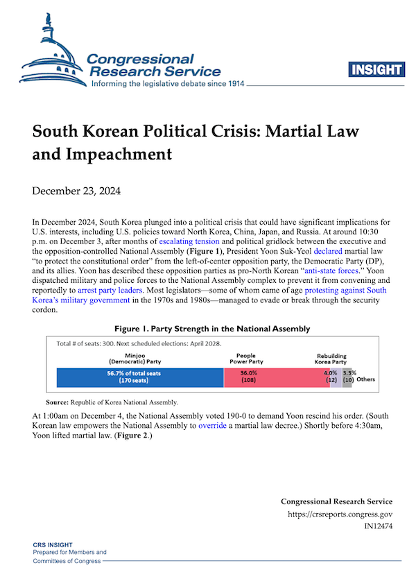 ▲미 의회조사국(CRS) '한국의 정치 위기: 계엄령과 탄핵' 보고서 1페이지. 출처: Congressional Research Service, 'South Korean Political Crisis: Martial Law and Impeachment', December 23, 2024