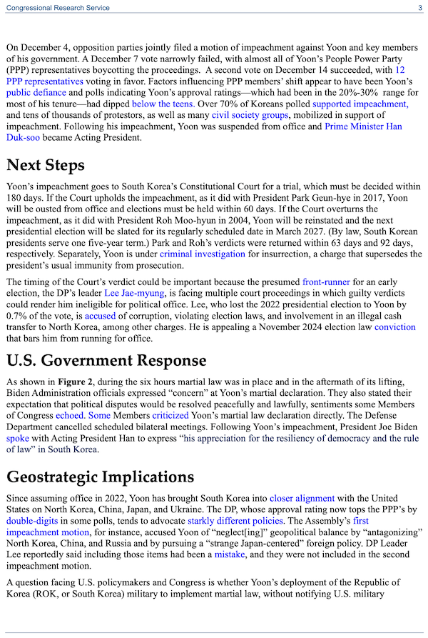 ▲미 의회조사국(CRS) 보고서의 정세 분석 페이지. 출처: Congressional Research Service, 'South Korean Political Crisis: Martial Law and Impeachment', December 23, 2024, p.3