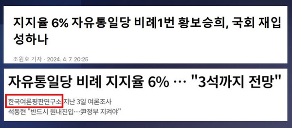 지난 4월 총선 전 한국여론평판연구소 조사 결과를 바탕으로 작성된 자유통일당 6% 보도.