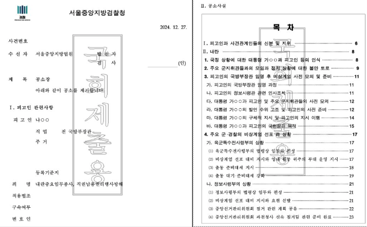 ▲국회에 제출된 피고인 김용현에 대한 공소장. 김용현을 '나OO', 윤석열을 '가OO'로 표기.