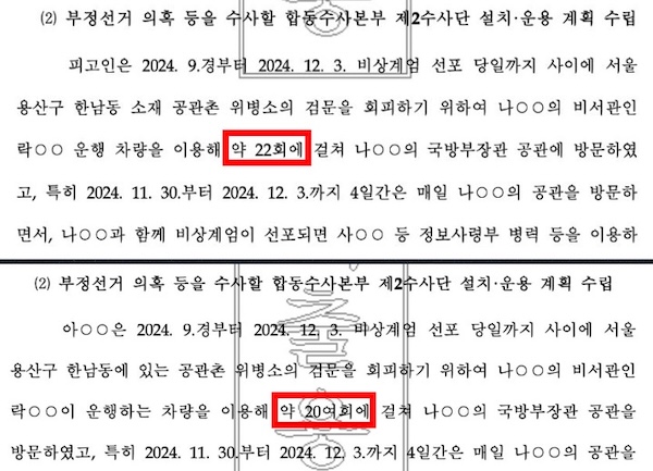 ▲노상원 공소장(위)에는 22회, 윤석열 공소장(아래)에는 약 20여회라고 축소 기재